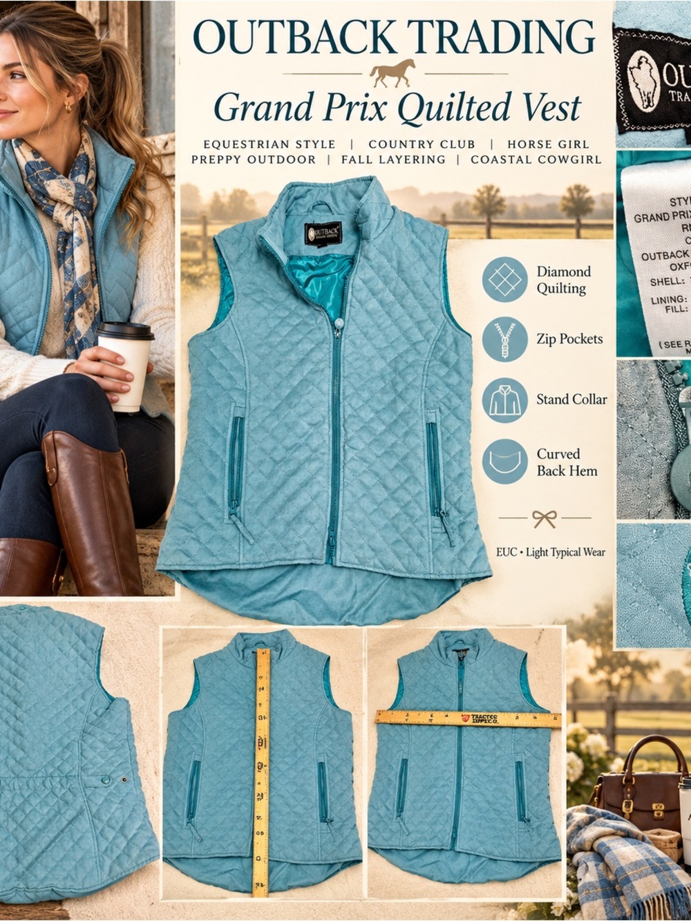 Outback Trading Grand Prix Vest L Sky Blue HTF Discontinued Equestrian Quilted